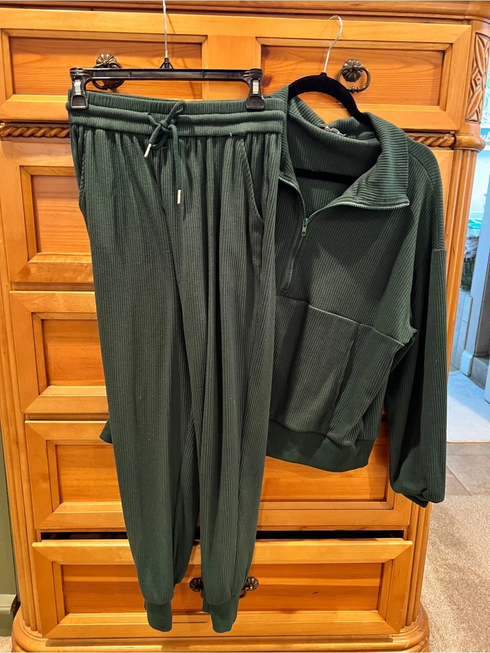 PrettyGarden Green Ribbed Half-Zip Lounge Jogger Set Sz M